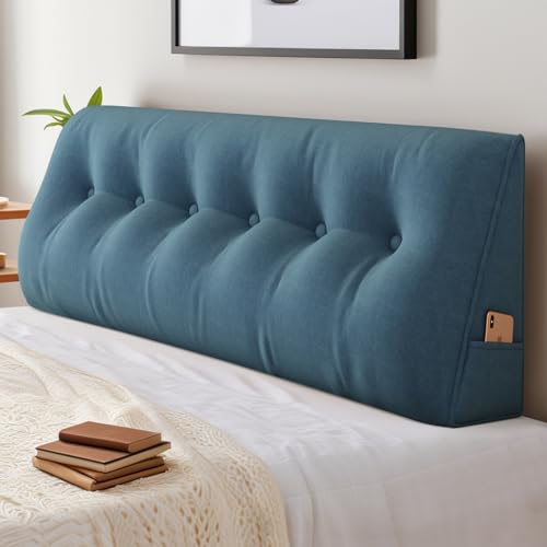 Rückenkissen Lesekissen Bett Keilkissen Großes für Bett und Sofa 2 in 1, Rückenlehne und Kopfkissen mit Seitenfach, Bezug Abnehmbarem und Waschbarem (150 * 50 * 20cm, Blau) von ShowyLive