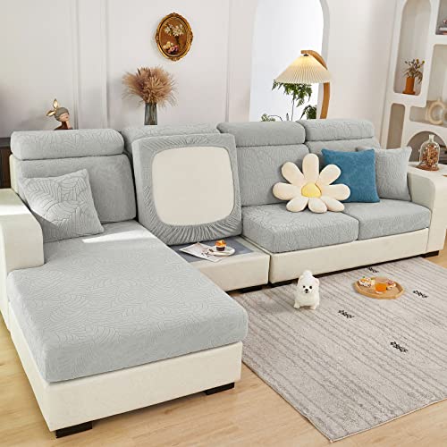 ShowyLive 2023 Neue Sofa Sitzkissenbezug Stretch Sitzkissenschutz für Chaiselongue, Stretch Sitzkissenschutz für Sofabezug Ecksofa L Form (1 Stück, Blätter hellgrau) von ShowyLive