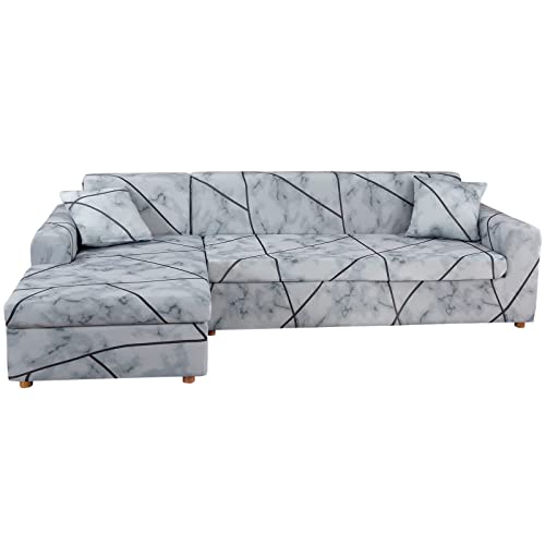 ShowyLive Sofa Überzug Couch Überzug 2er Set für Ecksofa L-Form Sofabezug 2 Sitzer+2 Sitzer, mit 2 Stück Kissenbezug, Weiß Blau von ShowyLive