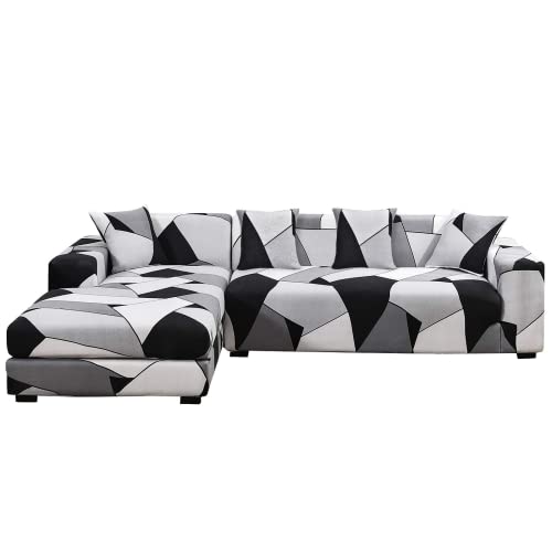 ShowyLive Sofa Überzug Couch Überzug 2er Set für Ecksofa L-Form Sofabezug 2 Sitzer+3 Sitzer, mit 2 Stück Kissenbezug, Grau-weiß von ShowyLive