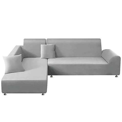 ShowyLive Sofa Überzug Couch Überzug 2er Set für Ecksofa L-Form Sofabezug 3 Sitzer+3 Sitzer, mit 2 Stück Kissenbezug, Hellgrau von ShowyLive