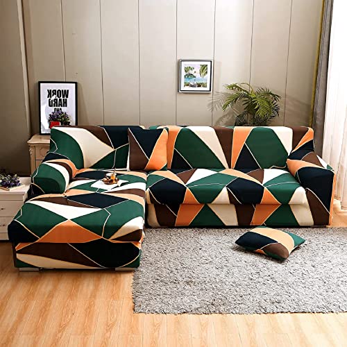 ShowyLive Sofa Überzug Couch Überzug 2er Set für Ecksofa L-Form Sofabezug 3 Sitzer+3 Sitzer, mit 4 Stück Kissenbezug, Grün/Orange von ShowyLive