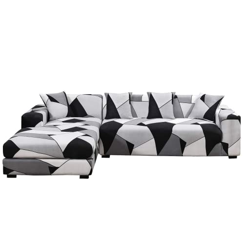 ShowyLive Sofa Überzug Couch Überzug 2er Set für Ecksofa L-Form Sofabezug 3 Sitzer+4 Sitzer, mit 2 Stück Kissenbezug, Grau-weiß von ShowyLive