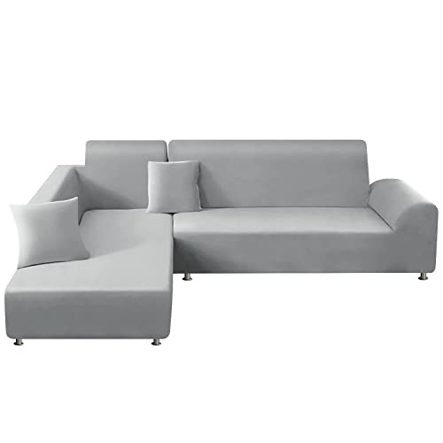 ShowyLive Sofa Überzug Couch Überzug 2er Set für Ecksofa L-Form Sofabezug 3 Sitzer+4 Sitzer, mit 2 Stück Kissenbezug, Hellgrau von ShowyLive