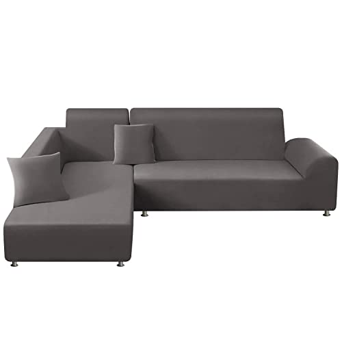 ShowyLive Sofa Überzug Ecksofa L Form Couch Überzug 2er Set Elastische Stretch mit 2 Stück Kissenbezug, Sofaüberwürfe Universal-Couchbezug 2 Sitzer+2 Sitzer, Grau von ShowyLive