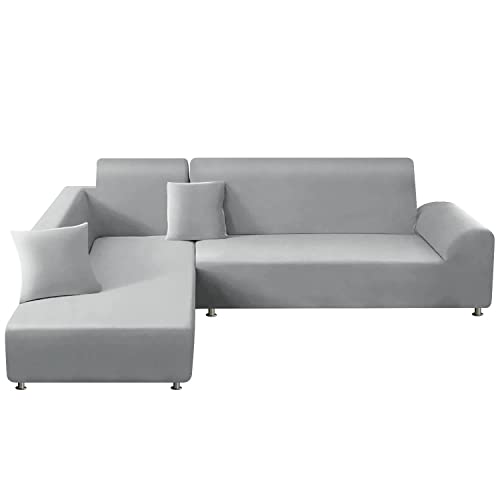 ShowyLive Sofa Überzug Ecksofa L Form Couch Überzug 2er Set Elastische Stretch mit 2 Stück Kissenbezug, Sofaüberwürfe Universal-Couchbezug 2 Sitzer+2 Sitzer, Hellgrau von ShowyLive