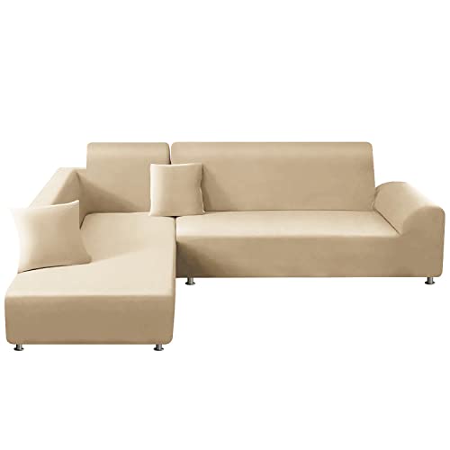ShowyLive Sofa Überzug Couch Überzug 2er Set für Ecksofa L-Form Sofabezug 2 Sitzer+3 Sitzer, mit 2 Stück Kissenbezug, Beige von ShowyLive
