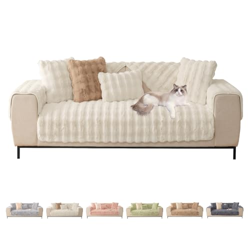 ShowyLive Sofa überzug Sofabezug 3/2/1/4 Sitzer Ecksofa L Form Sofaüberwurf Super Weiche Dicke Flauschige Couch Bezug Sofaschoner rutschfest Hund Katze (Cremeweiß, 70 * 180 cm) von ShowyLive