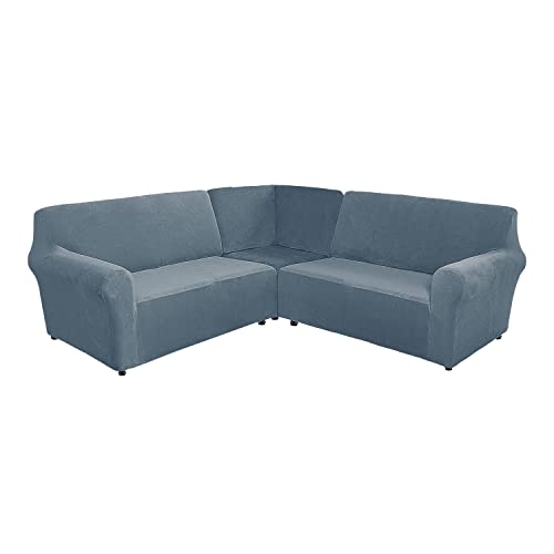 ShowyLive Sofabezüge 7 Sitzer Relaxsessel Ecksofabezug 3-Teilige - Samt Stretch Eckbereich Sofabezug L-Form Sektionale Couchbezüge für Sektionalsofa Waschbar Möbelschutz, Grau Blau von ShowyLive