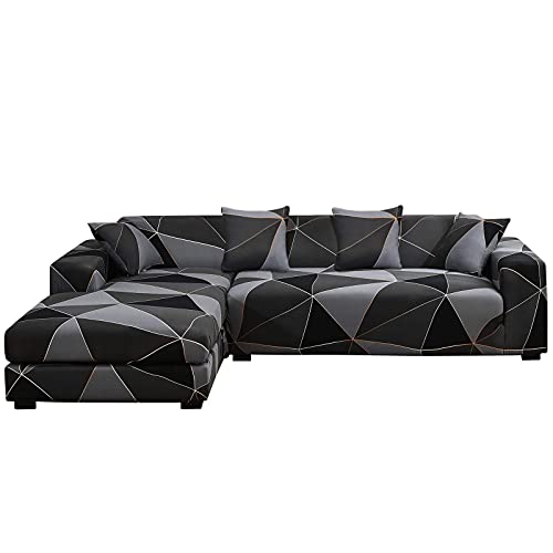 ShowyLive Sofabezug, dehnbar, für 3-Sitzer + 4-Sitzer, L-Form, Ecksofa, Ecksofa, schwarz, 2 Stück von ShowyLive