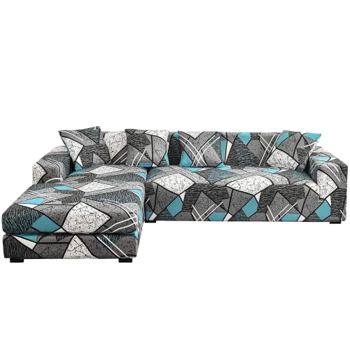 ShowyLive Sofa Überzug Couch Überzug 2er Set für Ecksofa L-Form Sofabezug 3 Sitzer+3 Sitzer, mit 4 Stück Kissenbezug, Blau Grau von ShowyLive