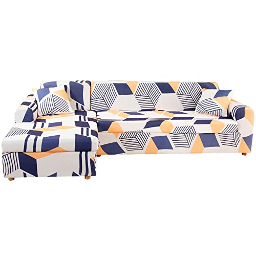 ShowyLive Sofa Überzug Couch Überzug 2er Set für L-Form Sofabezug 3 Sitzer+3 Sitzer, mit 2 Stück Kissenbezug (blau + gelb, 3-Sitzer+3-Sitzer (185-230 cm)) von ShowyLive