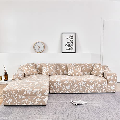 ShowyLive Sofa Überzug Couch Überzug 2er Set für Ecksofa L-Form Sofabezug 3 Sitzer+3 Sitzer, mit 4 Stück Kissenbezug, Weißes Blumenmuster von ShowyLive