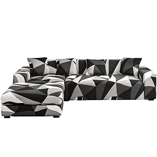 ShowyLive Sofa Überzug Couch Überzug 2er Set für Ecksofa L-Form Sofabezug 3 Sitzer+3 Sitzer, mit 4 Stück Kissenbezug, Grau Schwarz Weiß von ShowyLive
