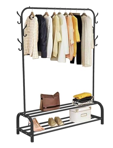 Shoze Kleiderständer Freistehender Kleiderbügel Trockengestell Metall Bekleidungsschiene Schlafzimmer Kleiderstange mit unterem (Kleiderstangen mit zwei Ablagefächern, Schwarz) von Shoze
