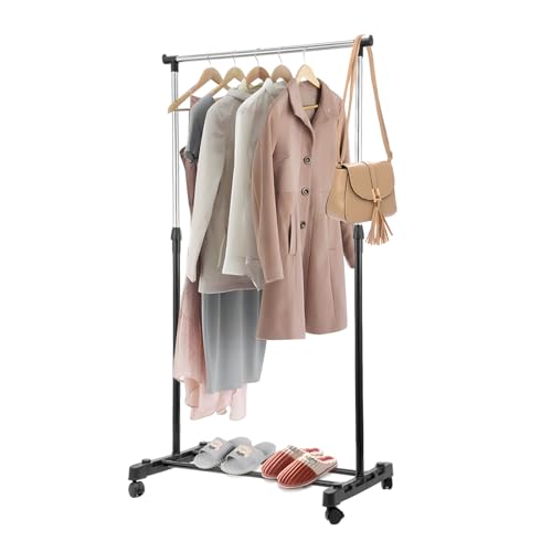 Shoze Kleiderständer auf Rollen 90-160cm Höhenverstellbarer Kleiderständer Stabile Metall-Garderobe mit Ablage & 360° Lenkrollen | Garderobenstange für Schlafzimmer Flur Wohnzimmer (Schwarz) von Shoze