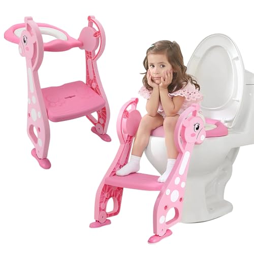 Shoze Toilettensitz Kinder Rosa, Toilettensitz Toilettentrainer mit Treppe, Faltbarer Kinder Toiletten Trainer Mit Gepolstertem Sitz, Stabilen Rutschfester Tritt Und Sicherheitsgriff von Shoze