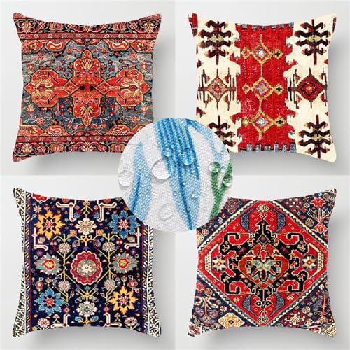 Wasserdichte Kissenbezug 60x60cm 4 Stück Doppelseitig Boho Dekorative Pillow Outdoor Kissen Wasserfest Bunt Leinen Kissenbezüge Werden für Sofakissen Garten Deko Schlafzimmer Couchkissen U-2308 von Shozhoo