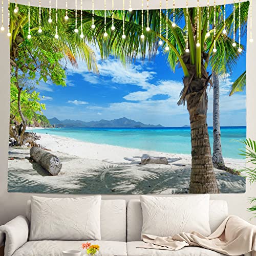 Shrahala Blauer tropischer tropischer Wandteppich, Strandwandbehang, großer Wandteppich, Dekoration, Polyesterfaser, weißer Saum, für Schlafsaal, 150 x 210 cm von Shrahala