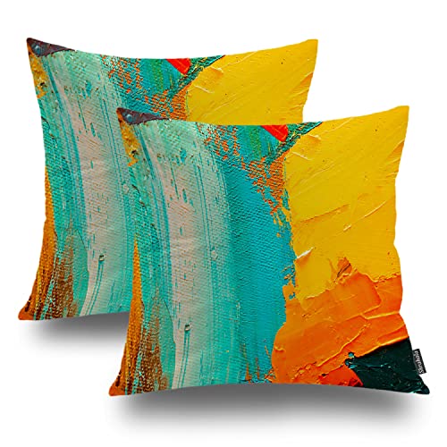 Shrahala Blue Green Modern Oil Paint Decorative Throw Pillow Cover, Yellow Abstract Square Pillowcase Blended Double-Sided No Inserts for Bedroom Living Room Set of 2 (22 x 22 in) von Shrahala