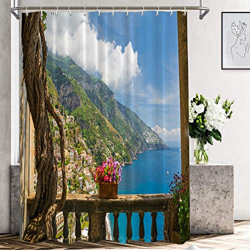 Shrahala Blue Italy Beautiful Town Decorative Shower Curtain, Colorful Italianate Italy Bathroom Décor Polyester Fiber Waterproof with Plastic Rings for Shower Stall Bathtubs 72 x 72 in von Shrahala