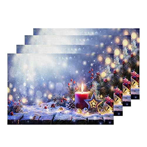 Shrahala Christmas Candle Lights Placemats, Christmas Ornament Defocused Lights Candle Snow Washable Rectangle Placemats for Dining Table Kitchen Table Round Table Set of 4 von Shrahala