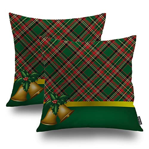 Shrahala Christmas Checkered Decorative Throw Pillow Cover, Bells and Holly Berry On Tartan Square Pillowcase Linen Blended Single Side for Bedroom Living Room Set of 2 (16 x 16 in) von Shrahala