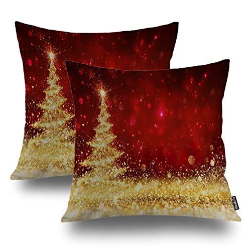 Shrahala Golden Christmas Christmas Tree Decorative Throw Pillow Cover, Red Gold Glitter Square Pillowcase Linen Blended Single Side for Bedroom Living Room Set of 2 (16 x 16 in) von Shrahala
