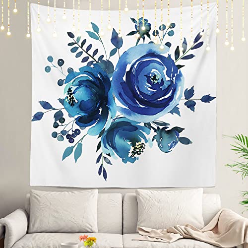 Shrahala Marineblauer Aquarell-Wandteppich, Blumenstrauß, modisch, Hochzeit, Wandbehang, großer Wandteppich, Dekoration, Polyesterfaser, weißer Saum, für Schlafsaal, 150 x 150 cm von Shrahala