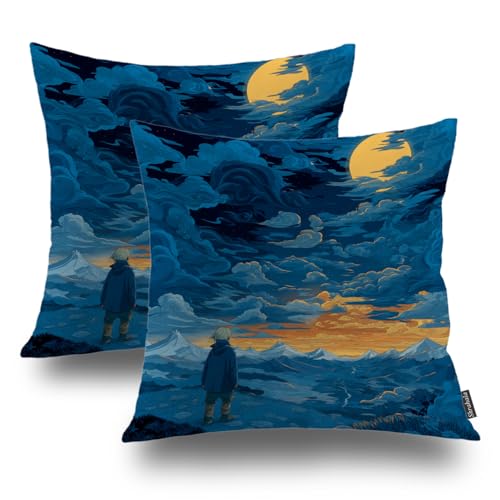 Shrahala Night Sky Mountain View Outdoor Wurfkissenbezug Vollmond Wolken Quadrat Indoor Kissen wasserabweisend Leinen für Schlafzimmer Wohnzimmer 2er Set (50,8 x 50,8 cm) von Shrahala