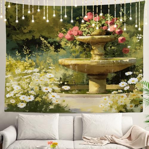 Shrahala Peaceful Outdoor Spot Water Feature Wall Tapestry, Blooming Plants Natural Beauty Wall Hanging Large Tapestry Decoration Polyester Fiber White Hem Around for Dorm Room Bedroom 130.0 cm x von Shrahala