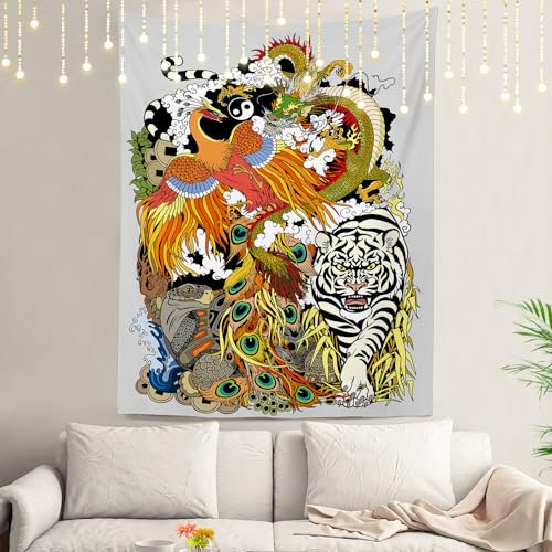 Shrahala Turtle Tapestry, Dragon and Tiger Yin Yang Symbol Wall Hanging Large Tapestry Psychedelic Tapestry Decorations Bedroom Living Room Dorm(82.7 x 59.1 Inches, White 1) von Shrahala