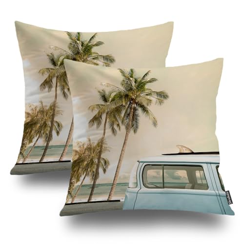 Shrahala Vintage Auto Dekorative Kissenbezüge, Tropischer Strand Surf Meer Dach Palme Kissen Fall für Sofa Schlafzimmer Auto Kissen Quadratisch 55,9 x 55,9 cm 2er Set von Shrahala