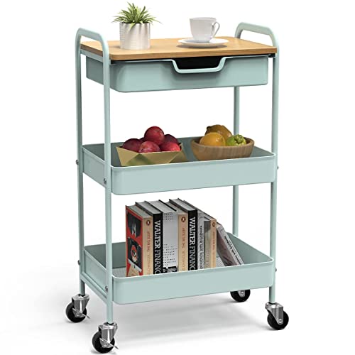 Shrivee 3-Tier Küchenwagen mit Tisch und Schublade, Allzweckwagen, Metallnutzungen Rollwagen, Regalwagen für Bürosalon, Allzweckkosmetik, Servierwagen für Küche, Badezimmer, Büro (Hellgrün) von Shrivee