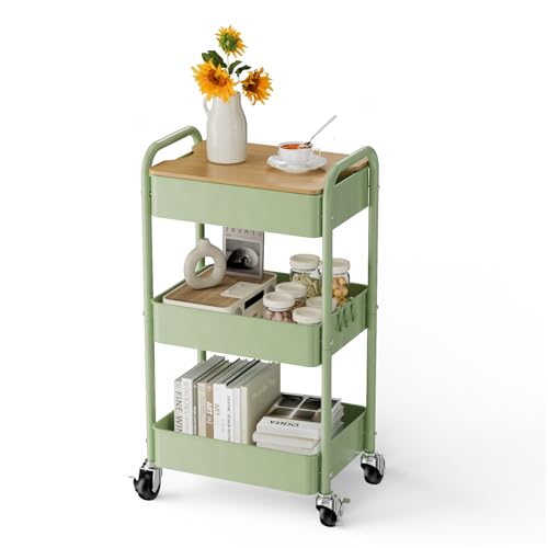 Shrivee 3-Tier Rollwagen mit Tischplatte, Servierwagen, rollender Allzweckwagen aus Metall, Regal auf Rädern, Regal, Organizer, Küchenregal, Stabiler Allzweckwagen für Küche, Bad, Büro (Grün) von Shrivee