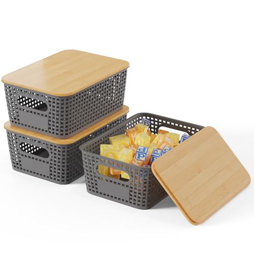 Shrivee 3er-Set Aufbewahrungsbox mit Bambus Deckel, 5L Aufbewahrungskorb, Kunststoff Korb Aufbewahrung, Küchen Aufbewahrungsboxen für Regale, Schränke, Schränke und Zuhause (Dunkelgrau) von Shrivee