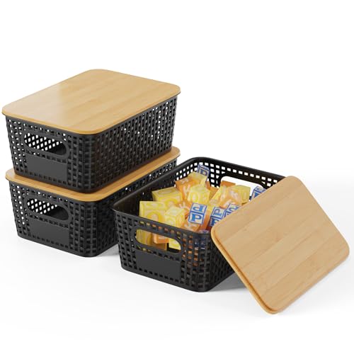 Shrivee 3er-Set Aufbewahrungsbox mit Bambus Deckel, 5L Aufbewahrungskorb, Kunststoff Korb Aufbewahrung, Küchen Aufbewahrungsboxen für Regale, Schränke, Schränke und Zuhause (Schwarz) von Shrivee