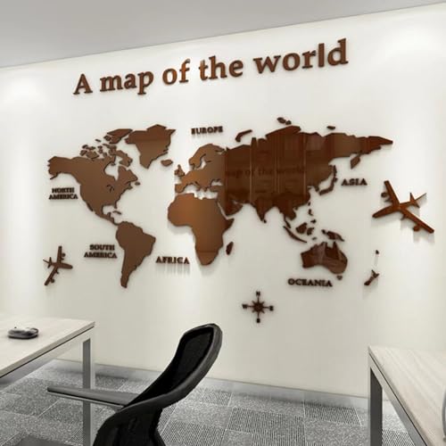 Shuanghao Wand Aufkleber Dekoration Wandbild Tattoo 3D Aesthetic Kunst Acrylglas Rubbel-Weltkarte World a Map of the Wall Spiegel Wand Dekoration Aufkleber für Wohnung Zimmer Modern Braun Plus Groß von Shuanghao