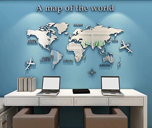 Poster Weltkarte Mirror Wall Art Spiegel Aufkleber Zarta Wandtapete Wand Kinder Sätze 3D Mac Wandbild Dekoration für Wohnzimmer, TV Par,Büro Silber 120 x 60 cm von Shuanghao