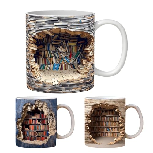 3D Bücherregal Tasse, Bibliothek Bücherregal Becher, Lustige 3D Buch Keramik Kaffeetasse, Neuartige Kaffeebecher Mit Flachem 3D Muster, 3D Kaffeetasse Ein Fantastisches Geschenk Für Bücherliebhaber von Shuangliao