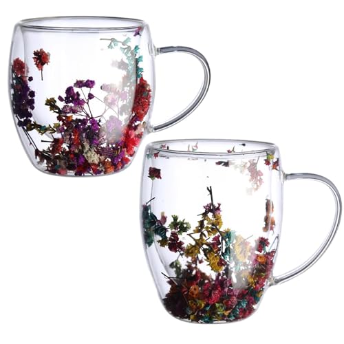 Doppelwandige Kaffeetasse - Getrocknete Blumen Doppelwandige Gläser | Glas-Kaffeetassen Mit Griff | Tassen Mit Getrockneten Blumen | Doppelwandige Kaffeetasse Für Für Saft, Tee Oder Kaffee von Shuangliao