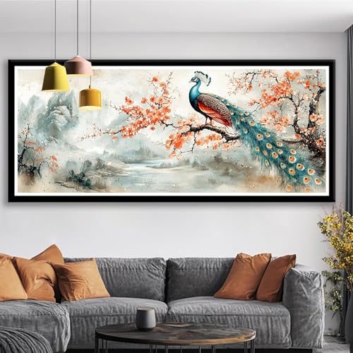 Diamond Painting XXL 150x60 cm Pfau Diamant Painting Bilder Blume Diamond Art 5D DIY Vollbohrer Diamant Malerei Basteln Mädchen 10 Jahre, Strass Stickerei Mosaikherstellung für Zimmer Deko S0-534 von Shueayin