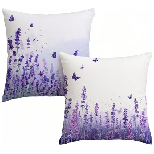 Outdoor Wetterfest Kissenbezug 45 x 45 cm 2er Set Lila Kissenbezüge, Quadratische Samtkissen mit Unsichtbarer Reißverschluss, Lavendel Zierkissenbezüge für Outdoor Gartenmöbel Sofa Terrasse Deko V-8 von Shueayin