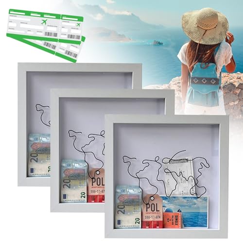 Shujin Adventure Archive Box,Reiseabenteuer Archiv Schattenbox mit Schlitz,Spardose Reisen, 3D Bilderrahmen für Tickets Shadow Box, Reiseticket Memory Box(3pc-Landkarte Stil,29x29cm) von Shujin