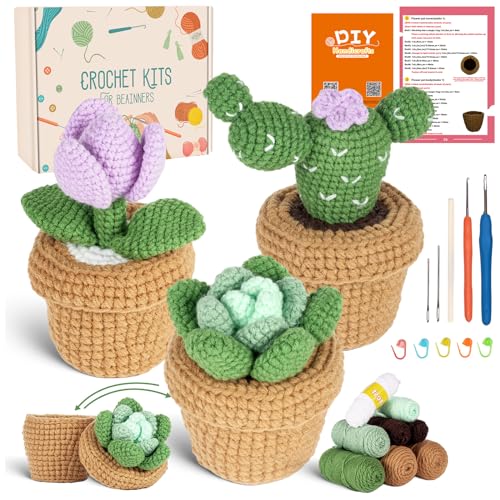 Shujin Komplett Häkelset für Anfänger,3 Stück Sukkulente,Kaktus,Tulpe Häkeltiere Set, Strickset mit Häkelnadeln Garn,Schritt-für-Schritt-Anleitungsvideo, Häkel-Starter-Kit für DIY von Shujin