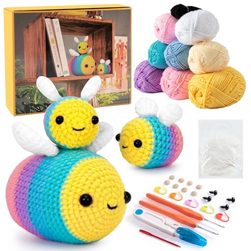 Shujin Komplett Häkelset für Anfänger Tiere,3 Stück Bienen Häkeltiere Set, Strickset mit Häkelnadeln Garn,Schritt-für-Schritt-Anleitungsvideo, Häkel-Starter-Kit für DIY Geschenk von Shujin