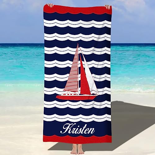 Shujin Personalisiertes Strandtuch Badetuch mit Namen, Mikrofaser-Strandtuch, Saunatuch weich Duschtuch Badehandtuch,schnell trocknendes Strandtuch Kinder geeignet für Fitness Reise(Rot Segelboot) von Shujin