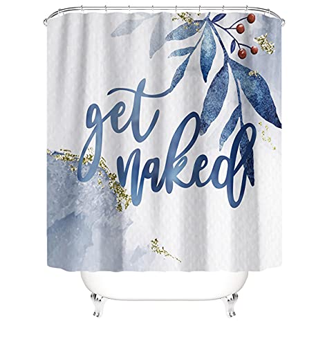 Shukqueen Duschvorhang mit blauen Worten Get Naked bedruckter Baddekorationen, wasserfester Polyester-Stoff, Badezimmer-Duschvorhang mit Haken, 180 x 200 cm von Shukqueen