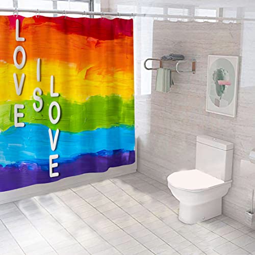 Shukqueen Duschvorhang mit bunten Regenbogen-Love-Aufdruck, wasserdichtes Polyestergewebe, Badezimmer-Duschvorhang mit Haken, 150 x 180 cm von Shukqueen