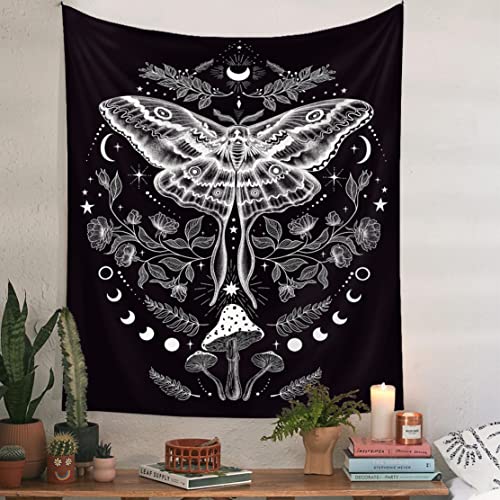 Shukqueen Mondphase, Sterne, Wandteppich, weiße Blätter, Blumen, Schmetterling, Pilz, schwarzer Hintergrund, Stoff, Wandbehang für Schlafzimmer, Wohnzimmer, Wohnheim, Dekoration – 73 x 95 cm von Shukqueen